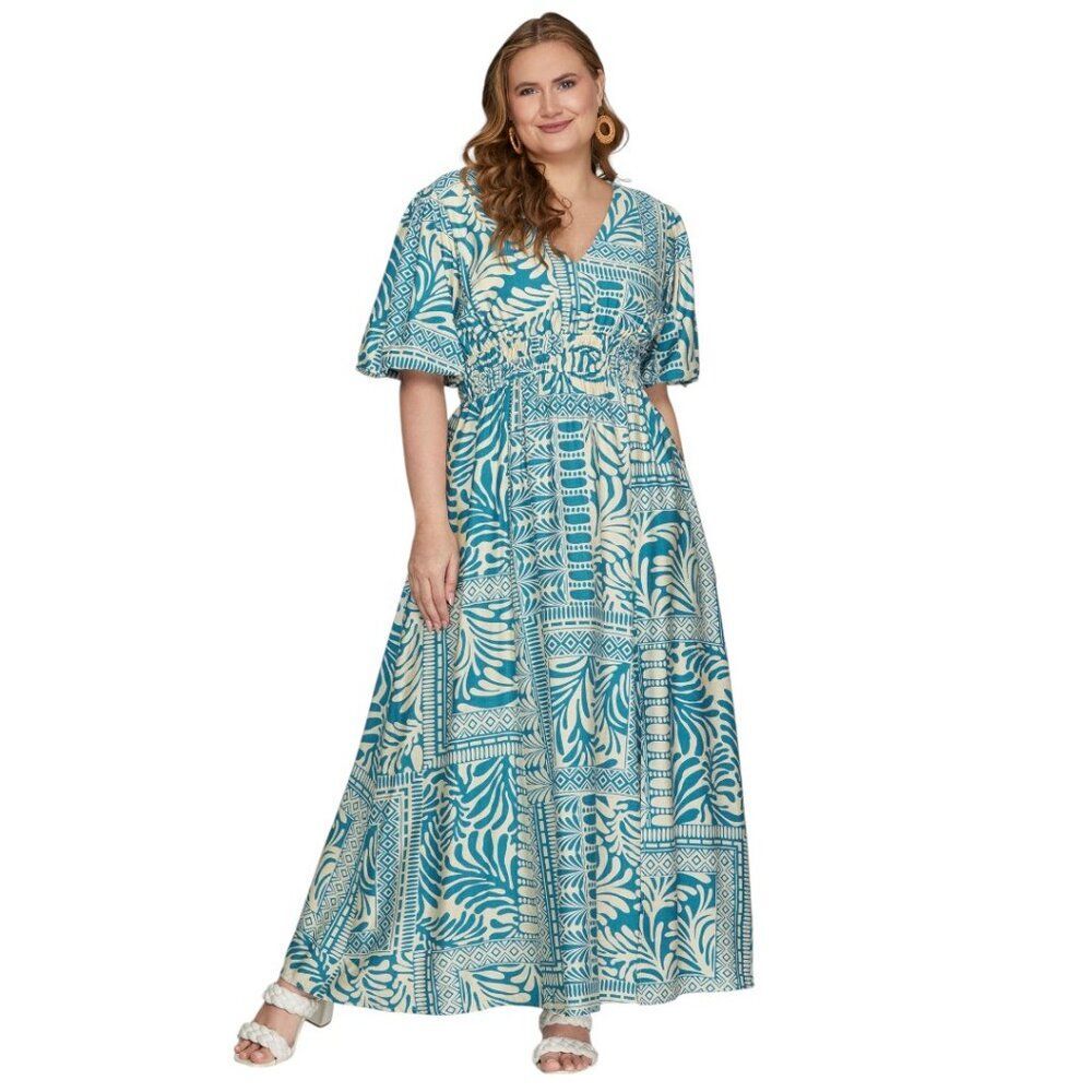 SHE + SKY Puff Sleeve Woven Print Turquoise Maxi Dress, XL, NWT